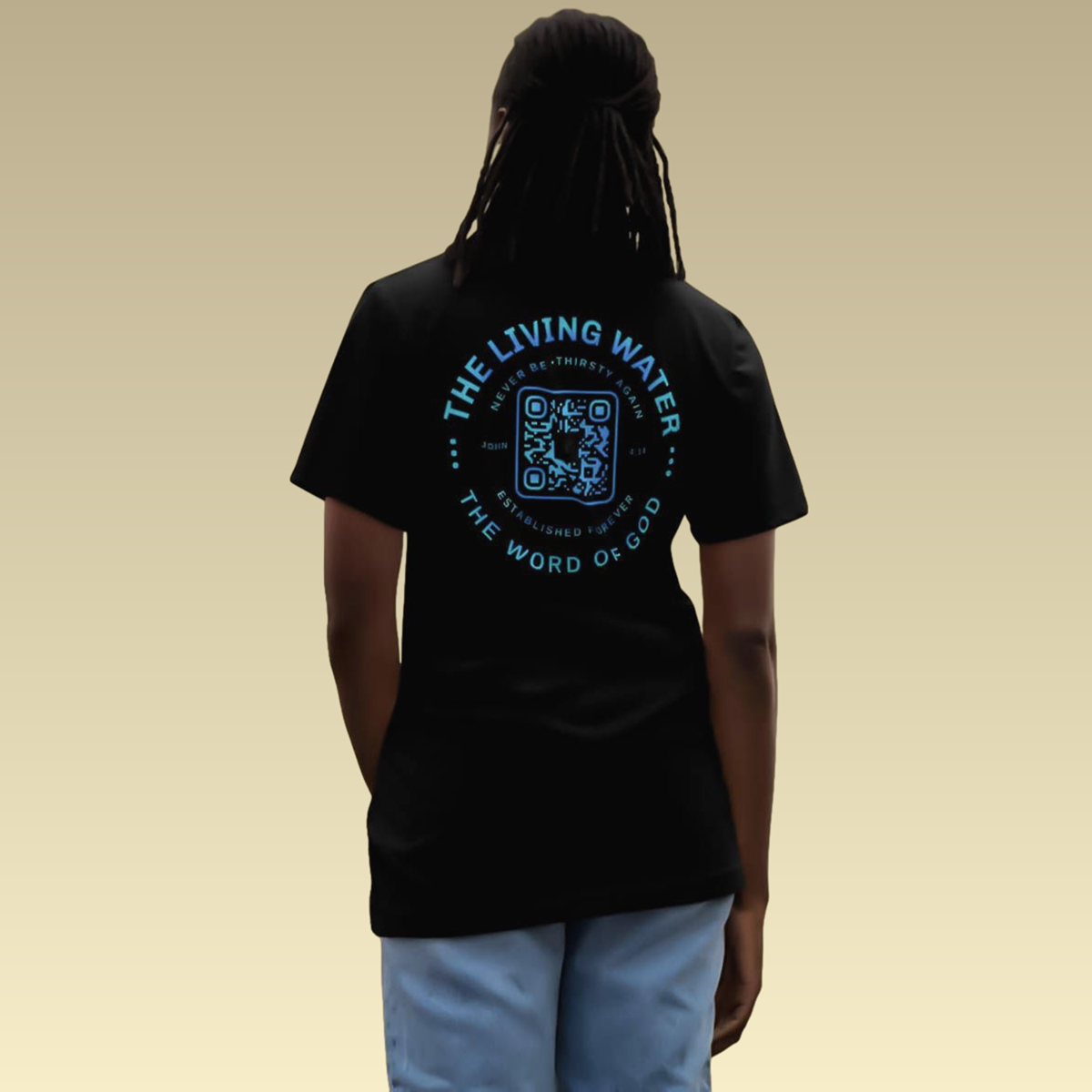 John 4:14 - Never Thirst QR-Coded Tee